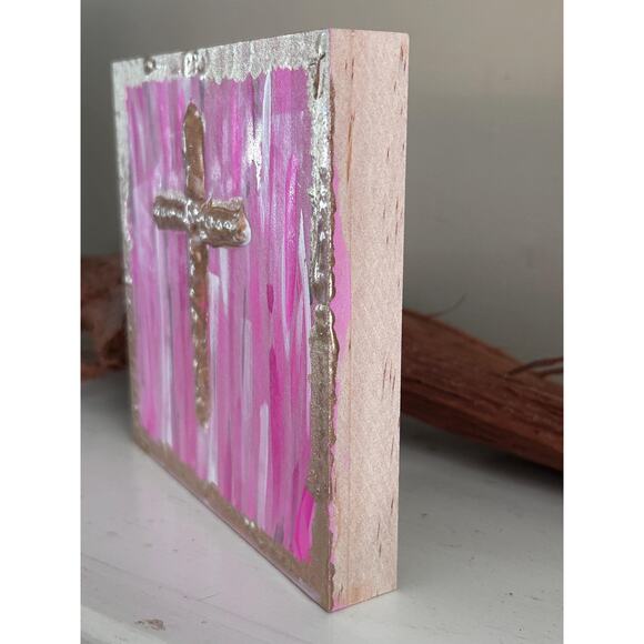 Gold Cross Wood Painting Hand Painted 5x5 Block White Raised Cross Pink Style - Picture 5 of 9